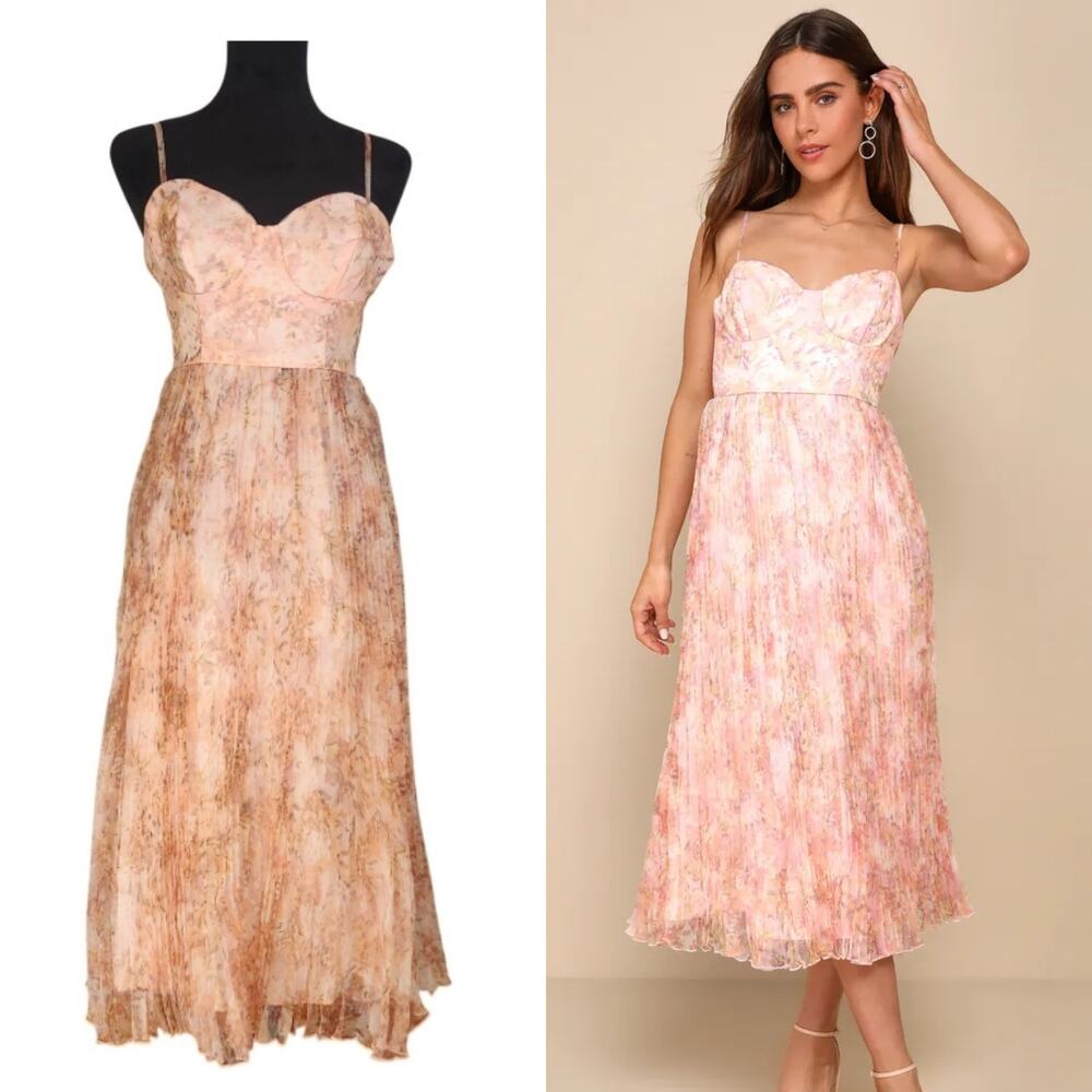 LULUS NWT Finest Endeavor Blush Pink Floral Pleated Midi Dress, Size Small